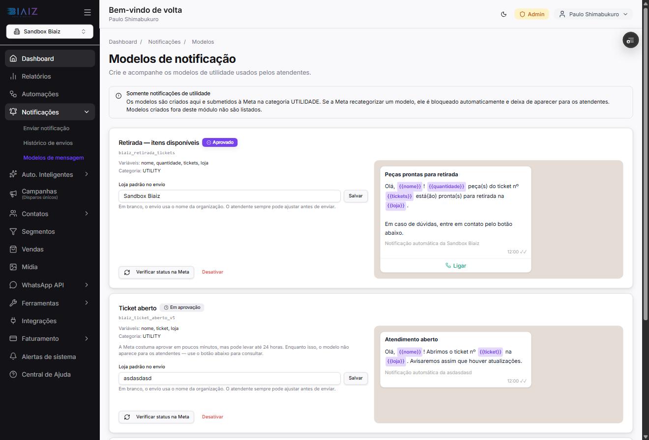 Lista de modelos de notificação com status Aprovado e Em aprovação