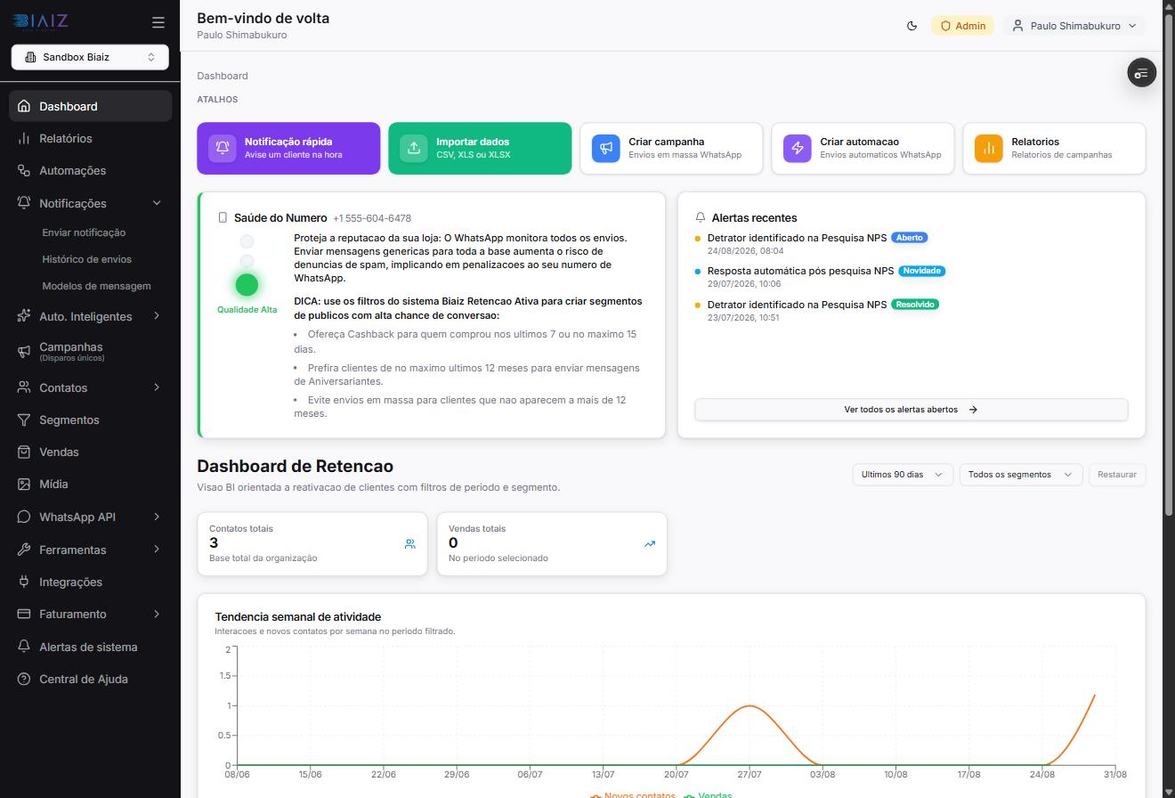 Dashboard do Biaiz com o atalho Notificação rápida em destaque
