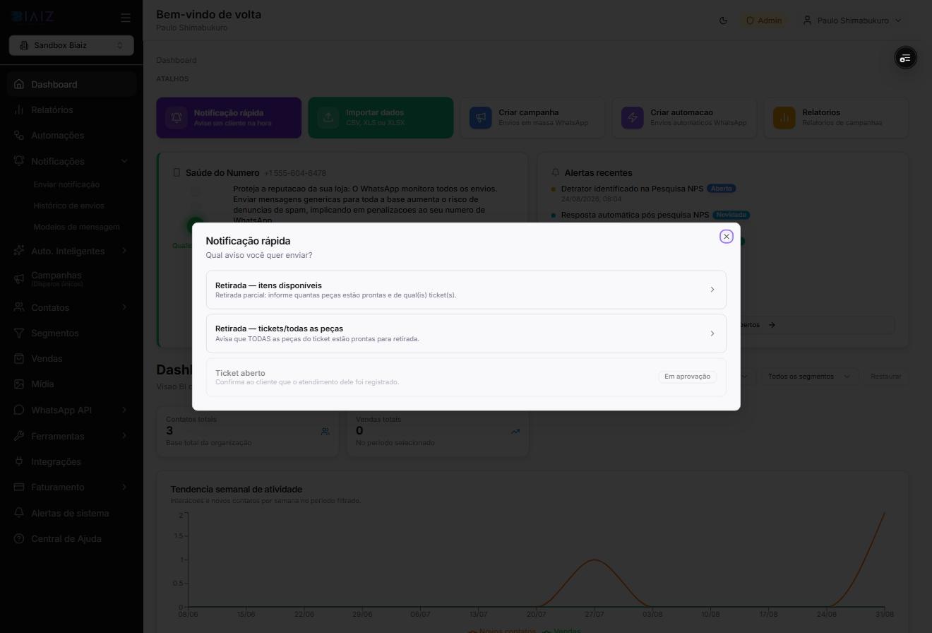 Modal Notificação rápida listando os modelos disponíveis