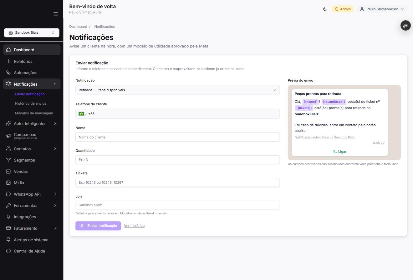 Página Notificações com formulário Enviar notificação e prévia