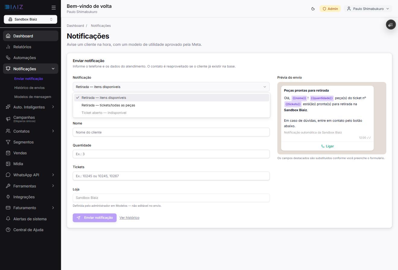 Seletor de notificação aberto com três modelos